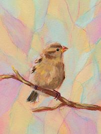 Un moineau est perché sur une branche sur Karen Kaspar