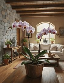 Orchid Phalaenopsis stuartiana in a rustic wooden vase by Regan Frederick