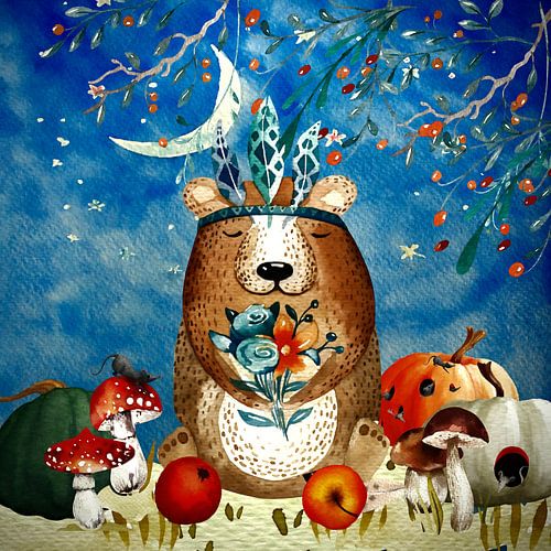 Night illustration brown bear in autumn