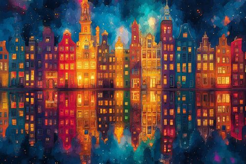 Nachtelijk stadsgezicht met reflecties