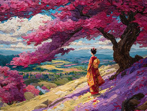 picturesque Japanese landscape art featuring a geisha