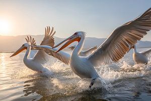 Krauskopfpelikane landen auf dem See (Pelecanus crispus)