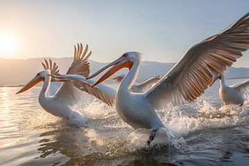 Dalmatian pelicans landing on the lake (Pelecanus crispus) by Christian Müringer
