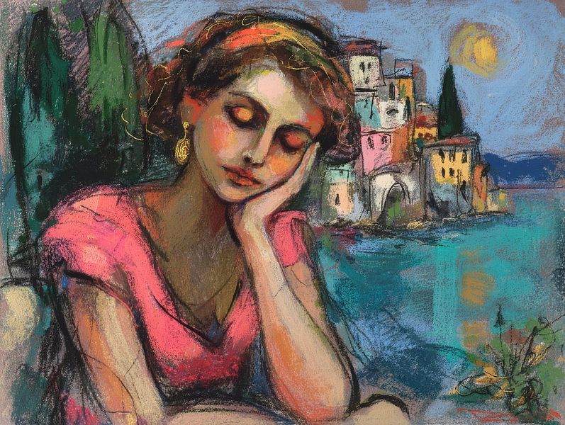 Tableau du lac de Garde | Femme rose par Peinture Abstraite