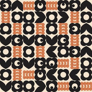 Retro jaren 70 vintage stijl kunstwerk in zwart en oranje van Dina Dankers