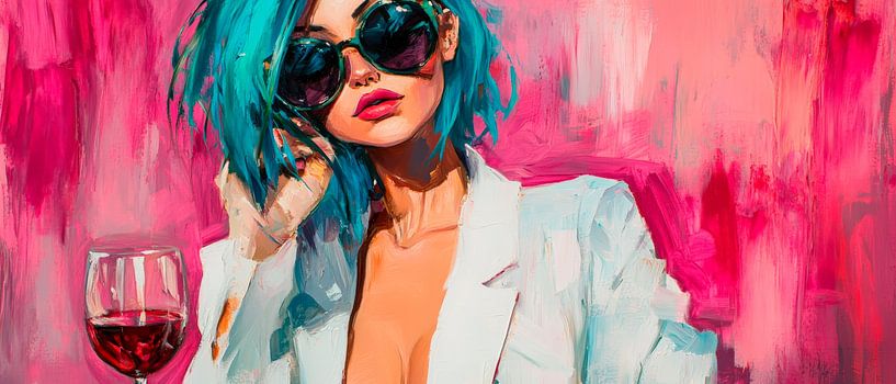 Explosion de couleurs : une femme avec des lunettes de soleil et du vin par Poster Art Shop