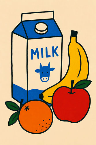 Fruit met melk en een ontbijtmotief