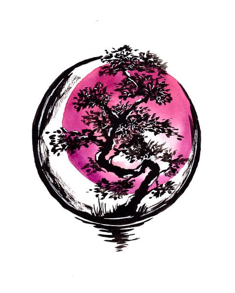 Cercle de bonsaïs et soleil rouge par Sebastian Grafmann
