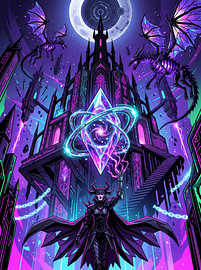 Grafische Illustration: Dark-Fantasy-Zauberin, Skelettdrache, gotische Burg von The Deeper Way