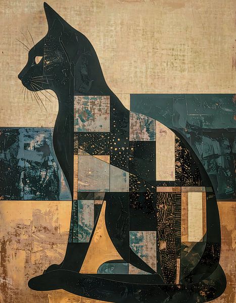 Poster vintage chat en bleu foncé, or et beige - droite par Emiel de Lange