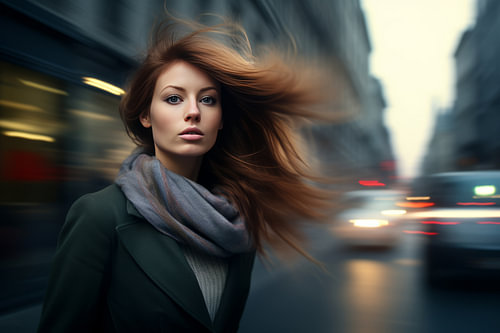 Portrait d'une jeune femme dans une ville animée