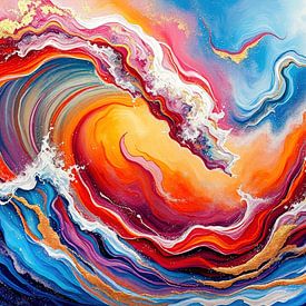 Paysage marin abstrait peint de manière pastose : Des vagues rugissantes avec de l'écume blanche, des tons bleus frais et des tons chauds rouge, lilas et orange avec des accents dorés. sur AidasignArt