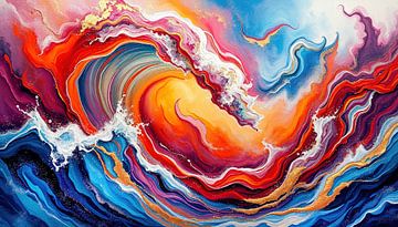 Abstract seascape painted in an impasto style: Roaring waves with white spray, cool blue tones and warm red, purple and orange tones with gold-coloured accents