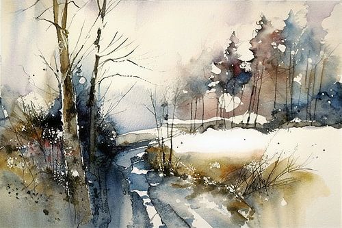 aquarel Landschap, seizoensgebonden dorp