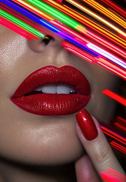 Vrouw met rode lippenstift en neonlichten van Frank Heinz
