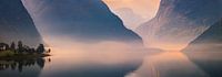 Panoramic photo of a sunrise at Lovatnet
