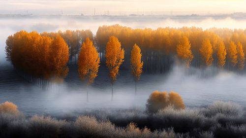 Mist in het bos met fel oranje gekleurde bomen