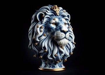 Delftsblauwe leeuw van porselein met gouden details van John van den Heuvel