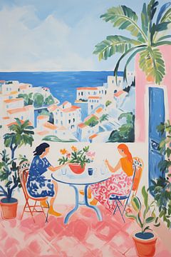Entspanntes mediterranes Mittagessen | Mediterrane Kunst von Abstraktes Gemälde