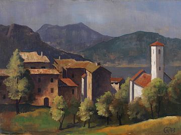 Karl Hofer, Landschaft mit Dorf und Kirche, 1943