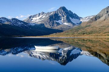 Quiet mountain lake with boat by Art & Soul Creations