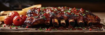 Spareribs on wooden board panorama photo