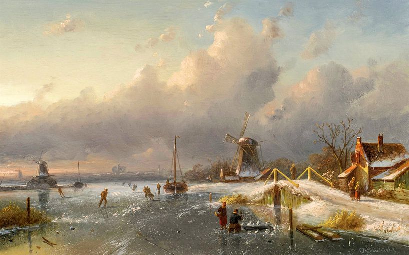 Charles-Henri-Joseph Leickert,Een winterlandschap met windmolens van finemasterpiece