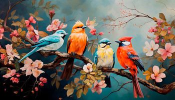 coloured birds on branch