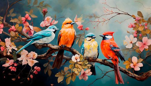 gekleurde vogeltjes op tak