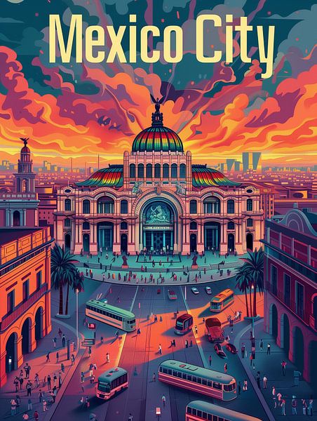 Sonnenuntergang in Mexiko-Stadt: Palacio de Bellas Artes Poster von Travel Shop