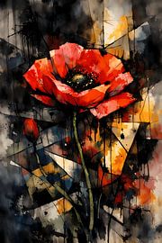 Abstraktes Mohnblumen-Leuchten – Geometrisches Wandbild in feurigem Rot und Gold von ButterflyPix