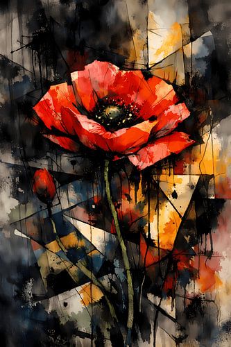 Abstracte papaverbloemen – Geometrische wanddecoratie in vurig rood en goud