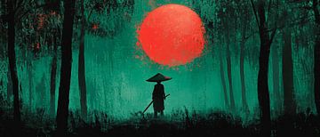 Krijger in de mist met rode zon van Poster Art Shop