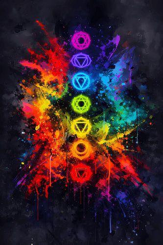 Les 7 chakras dans un style « néon splash » – Une fresque murale spirituelle abstraite avec une explosion de couleurs vives sur ButterflyPix