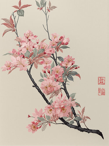 Traditionelle chinesische Blumenmalerei:  Zierapfelblüte in raffiniertem Stil