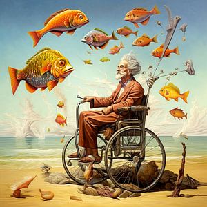 Surreal Älterer Mann Rollstuhl Anzug Meer Fische Strand Horizont