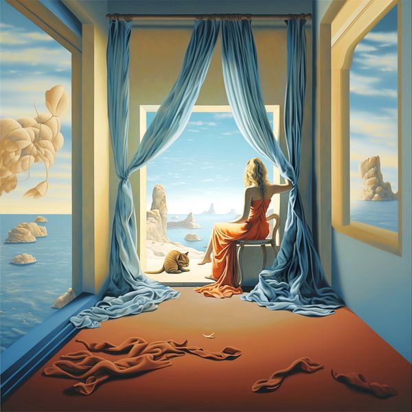 Surreal Frau Katze Raum Blick Meer Vorhänge unwirklich von gm_designs