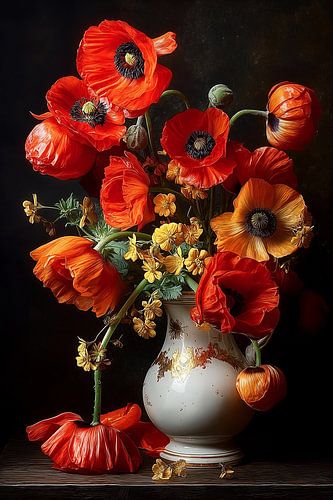 Still Life of Fiery Poppies in Porcelain no.2