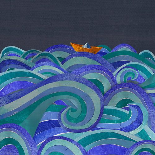 Boot bei schwerem Wetter - Papiercollage mit Wellen