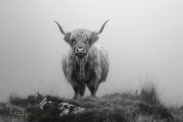 Schottisches Hochlandrind Mystische Schwarz-Weiß Fotokunst für Naturfreunde von Felix Brönnimann