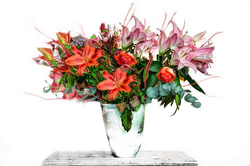 On a white background cut-out vase with colourful bouquet of flowers