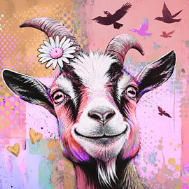 chèvre joyeuse dans le style pop art, avec une corne en forme de fleur et des oiseaux sur Claudia Gründler