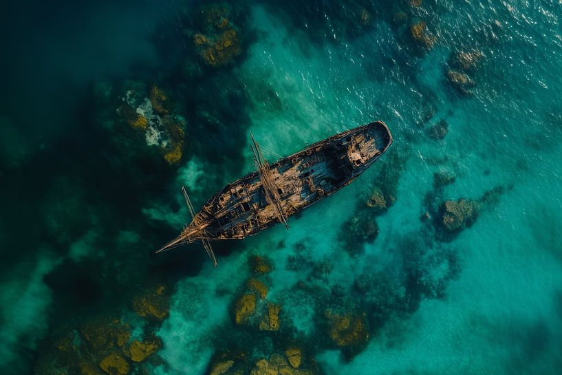 Een oud piratenschip, vervallen en mysterieus, ligt verlaten in de helderblauwe zee van Digitale Schilderijen