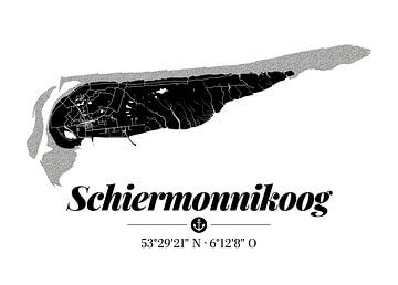 Schiermonnikoog | Carte artistique | Silhouette de l'île | Noir et blanc