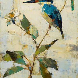 Kingfisher on a branch with a flower by But First Framing