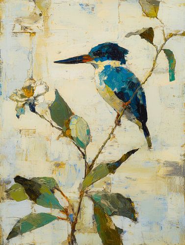 Kingfisher on a branch with a flower by But First Framing