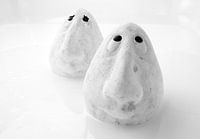 Schwarz-Weiß-Foto von zwei charakteristischen Keramikköpfen, die in einem weißen See stehen.