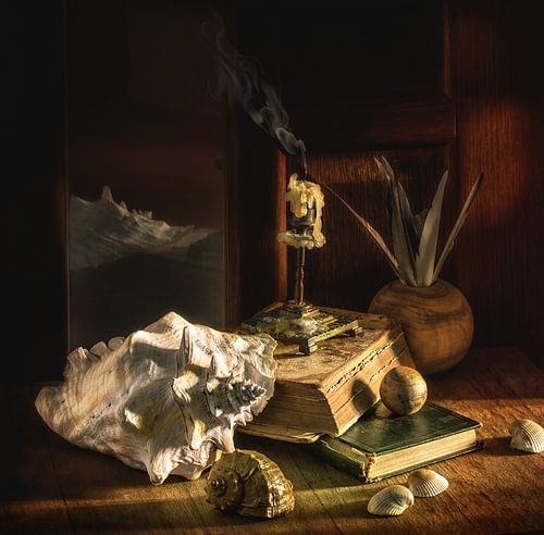 still life with an extinguished candle, books and seashells.