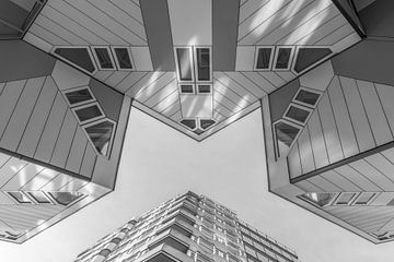 De Kubuswoningen in Rotterdam in zwart/wit