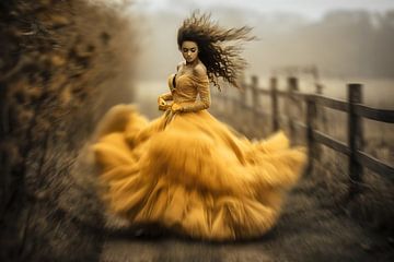 Mystieke vrouw in een levendige gele jurk van Frank Heinz